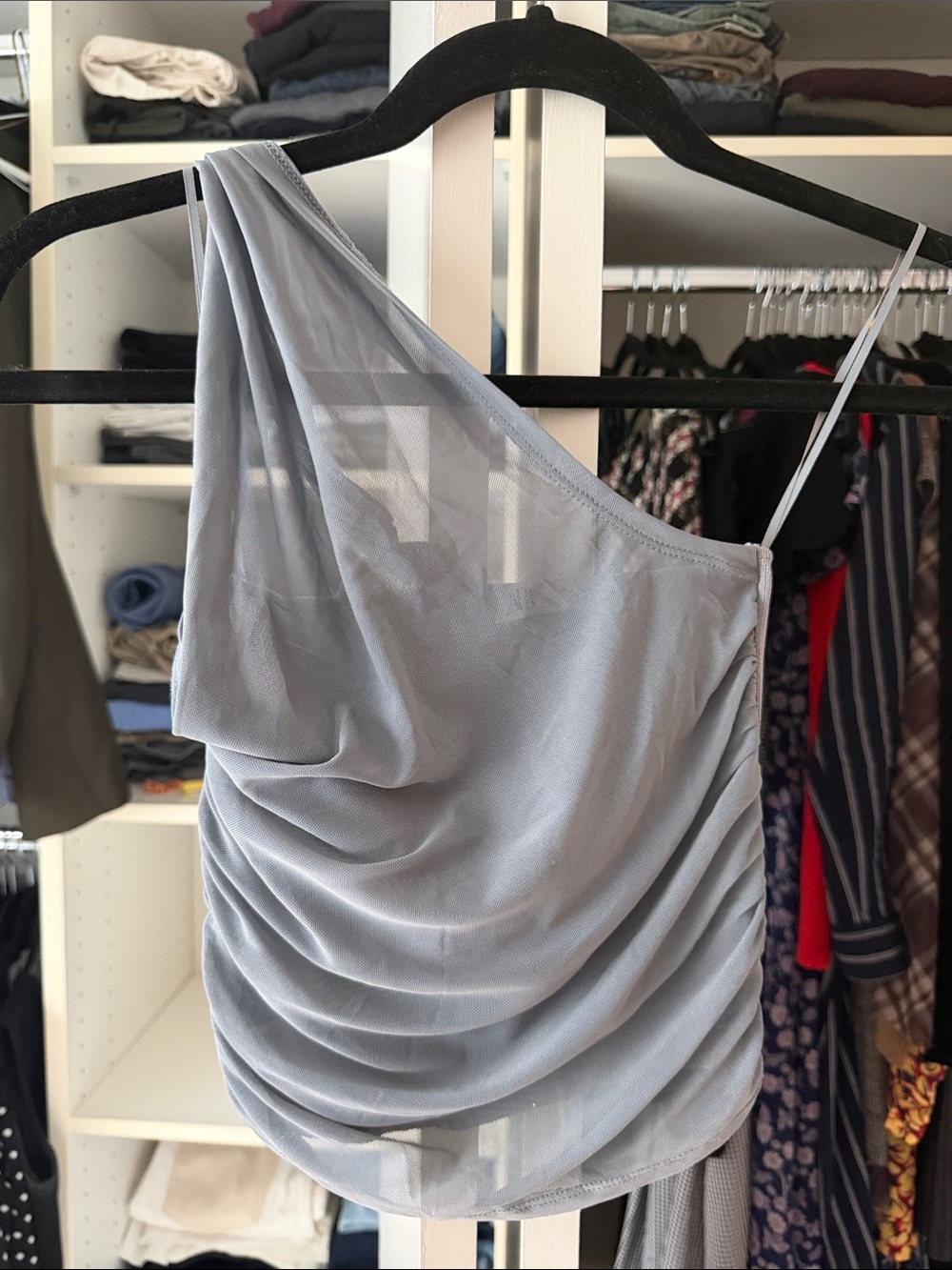 Zara One-Shoulder Ruched Chiffon Top - Light Grey